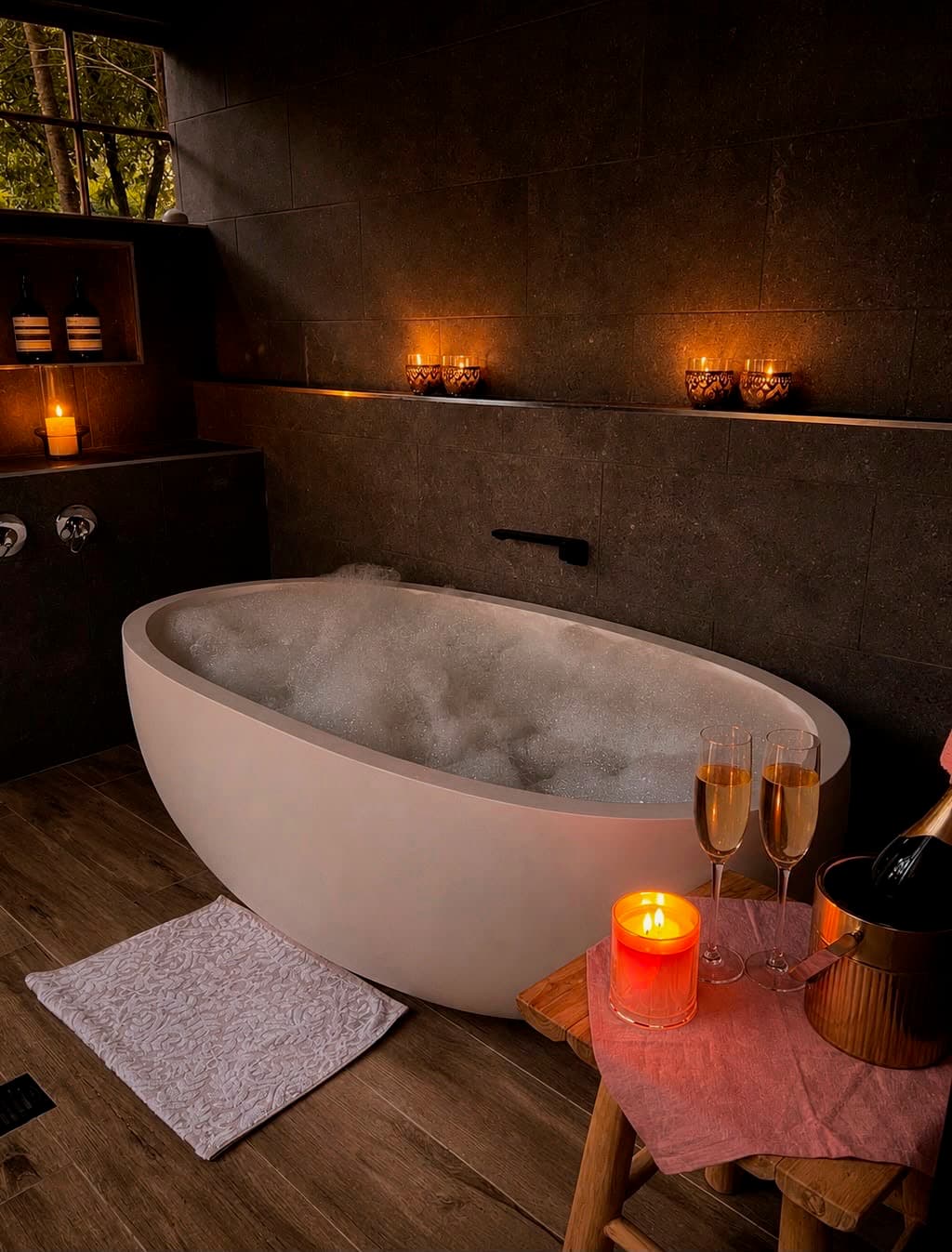 A candlelit bubble bath with champagne in the secret pamper room at The Barn, Serenity 222