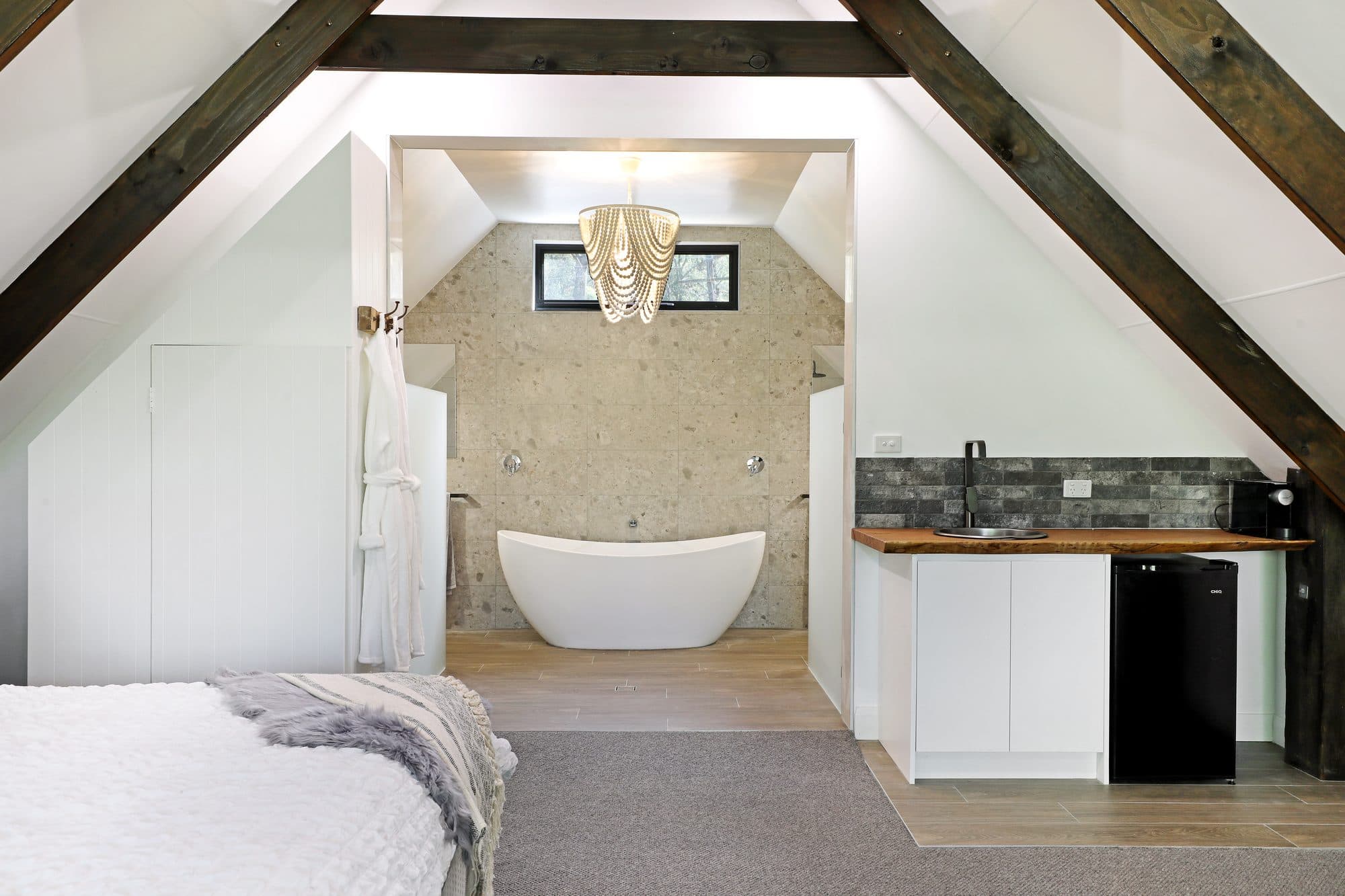 Second bathroom at Levante, Serenity 222, with vaulted ceiling